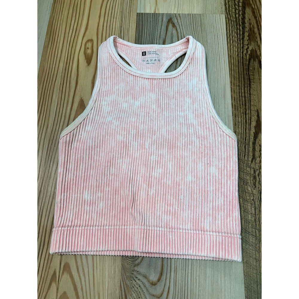 Pink Acid Wash Ribbed Racerback Crop Tank Top Womens Small Athleisure Gym Yoga